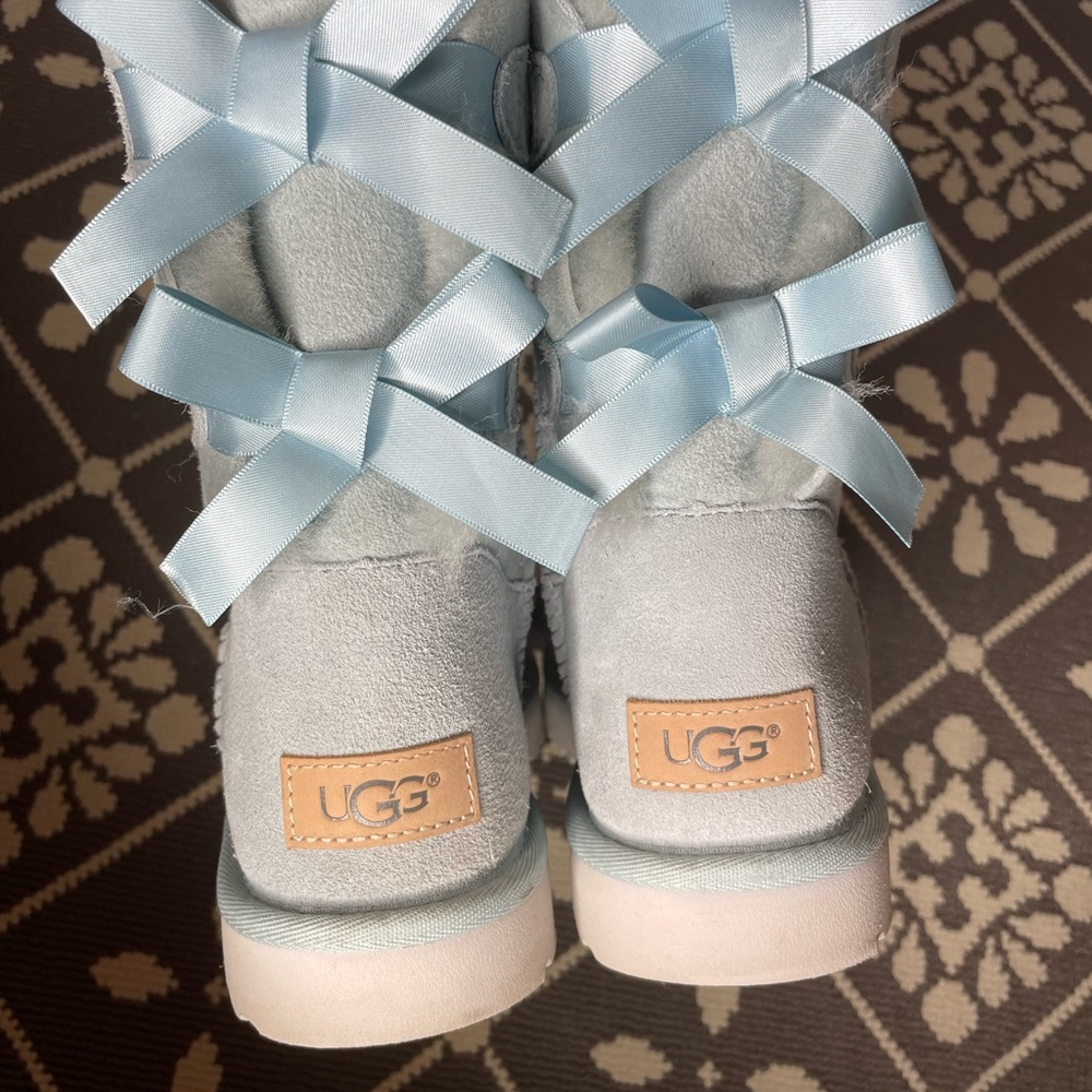 Women’s Light Blue Suede Winter Boots with Bow Detail - Picture 3 of 6